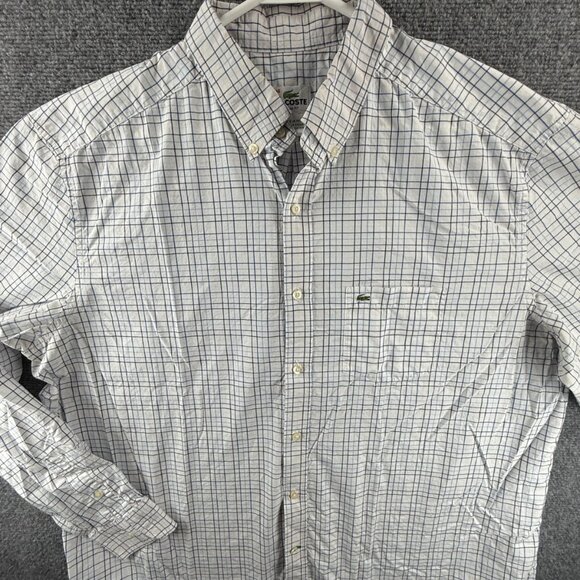 Lacoste Men Size 46 Button Up Shirt Blue Check Long Sleeve Croc Logo Cotton - Picture 1 of 16